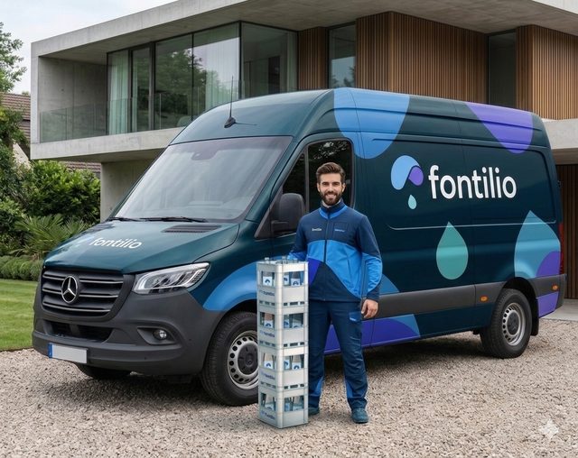 Furgone Fontilio per la consegna di acqua a domicilio, con il corriere e le casse d'acqua