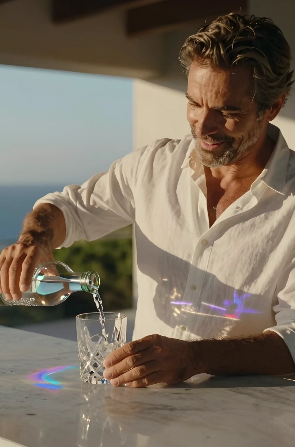 Acqua in vetro a rendere versata nel bicchiere, con vista sul mare: il riordino in un click di Fontilio