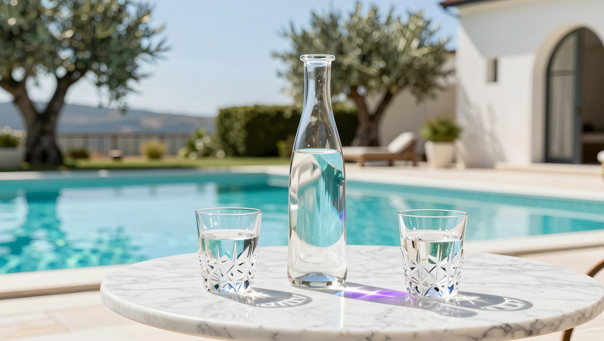 Bottiglia d'acqua in vetro e bicchieri di cristallo su un tavolo di marmo, di giorno a bordo piscina