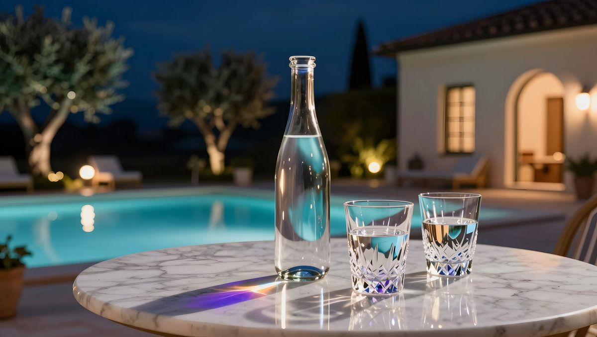 Bottiglia d'acqua in vetro e bicchieri di cristallo su un tavolo di marmo, di sera a bordo piscina